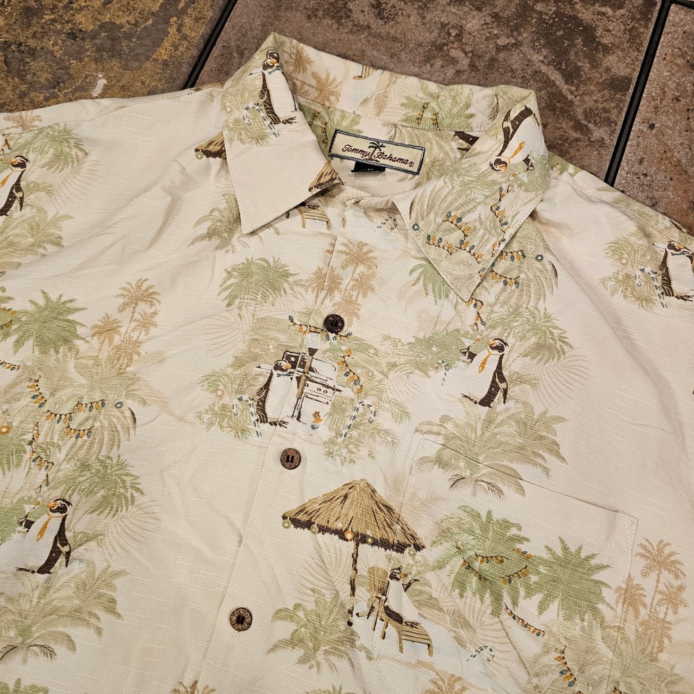 Tommy Bahama Mens XL Silk Camp Shirt Tropical Penguin Palm Tree Print Cream